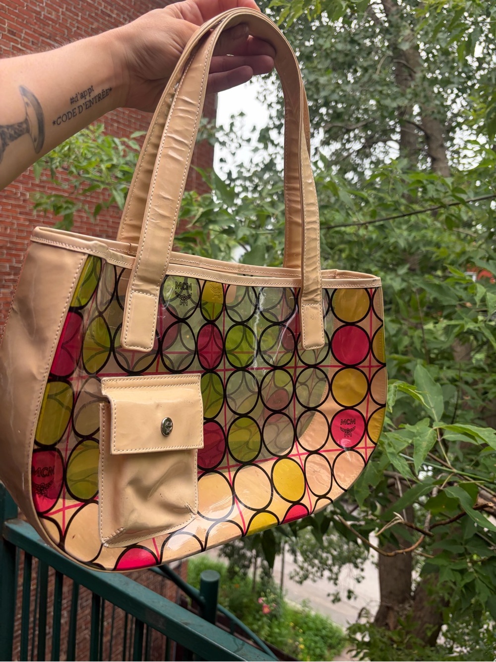 MCM Multicolor Circle Color Print Tote with Beige Trim